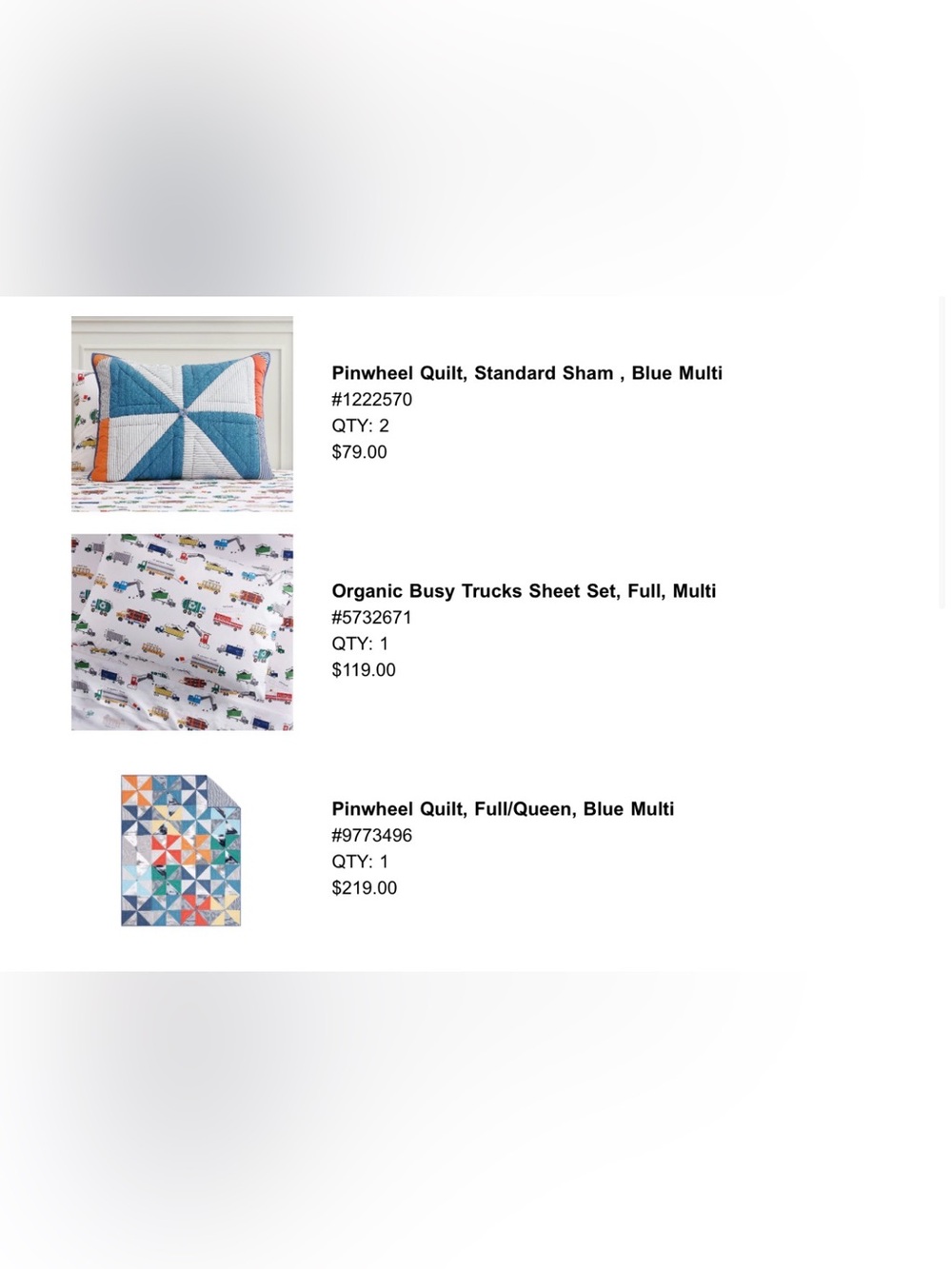 Pottery Barn Kids Pinwheel Quilt and Shams, and Busy Trucks Sheets